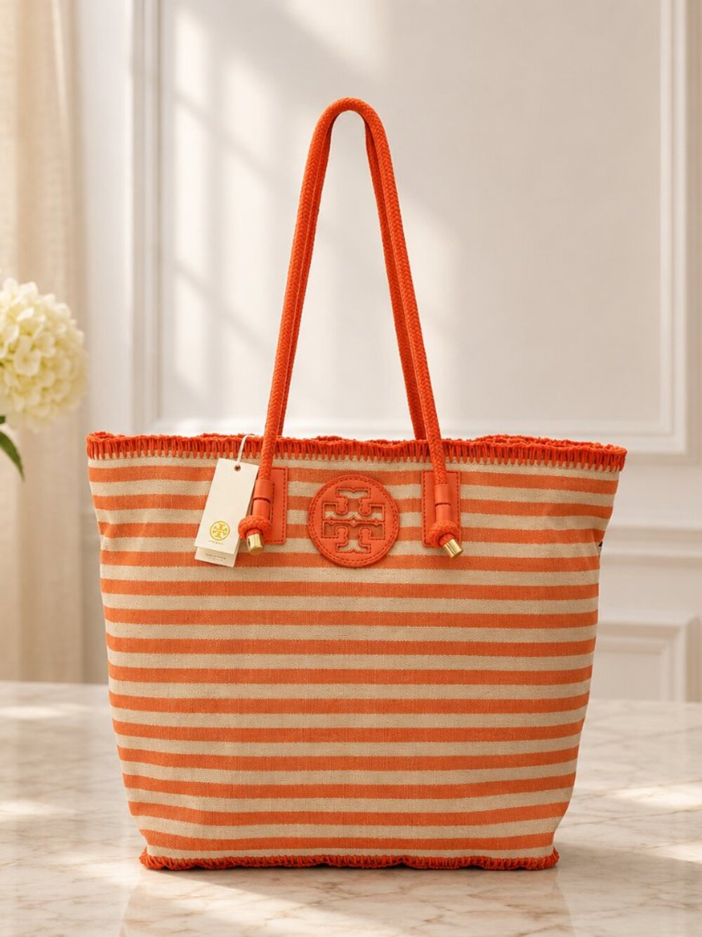Tory Burch Oversized Stripe Tote Snapdragon Awning Canvas Beach Bag $275